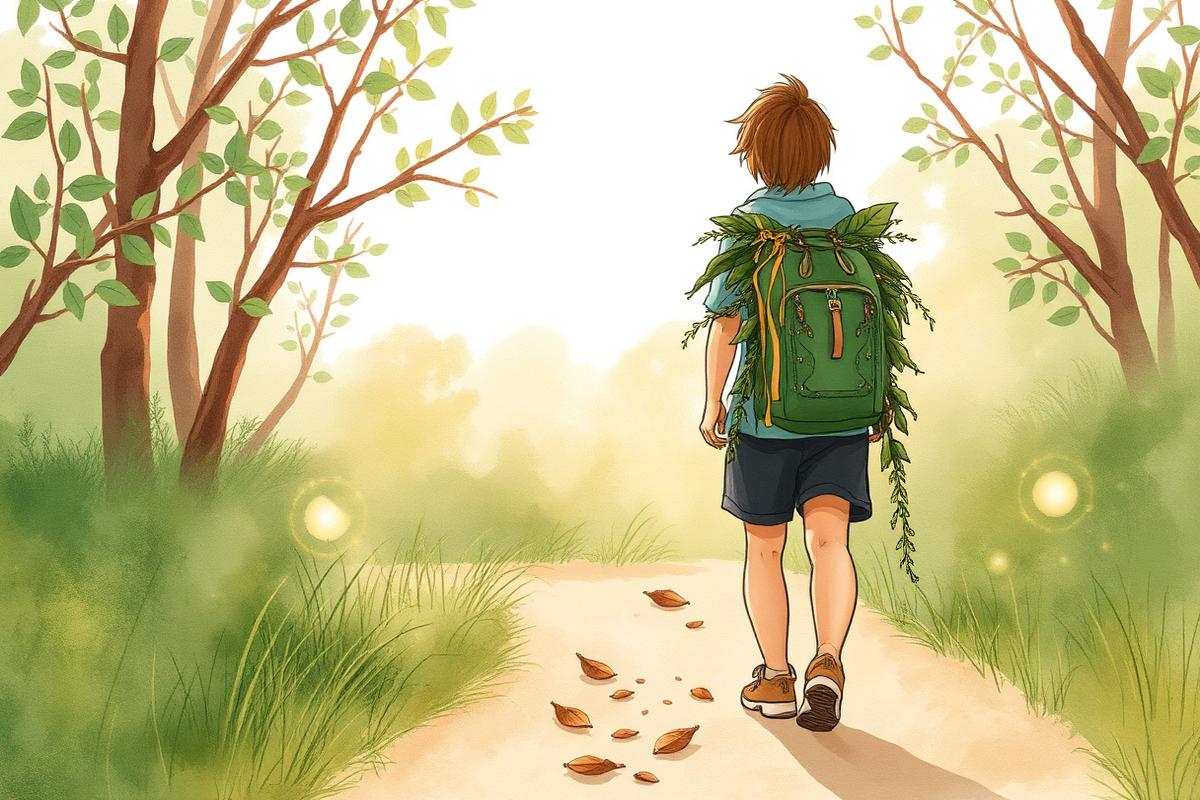 Person walking with a backpack made of leaves — the invisible weight of your carbon footprint